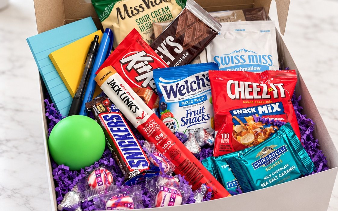 The Basic Finals Box, open, with snacks, candy, hot chocolate, a pen, highlighter and stress ball in purple crinkle paper