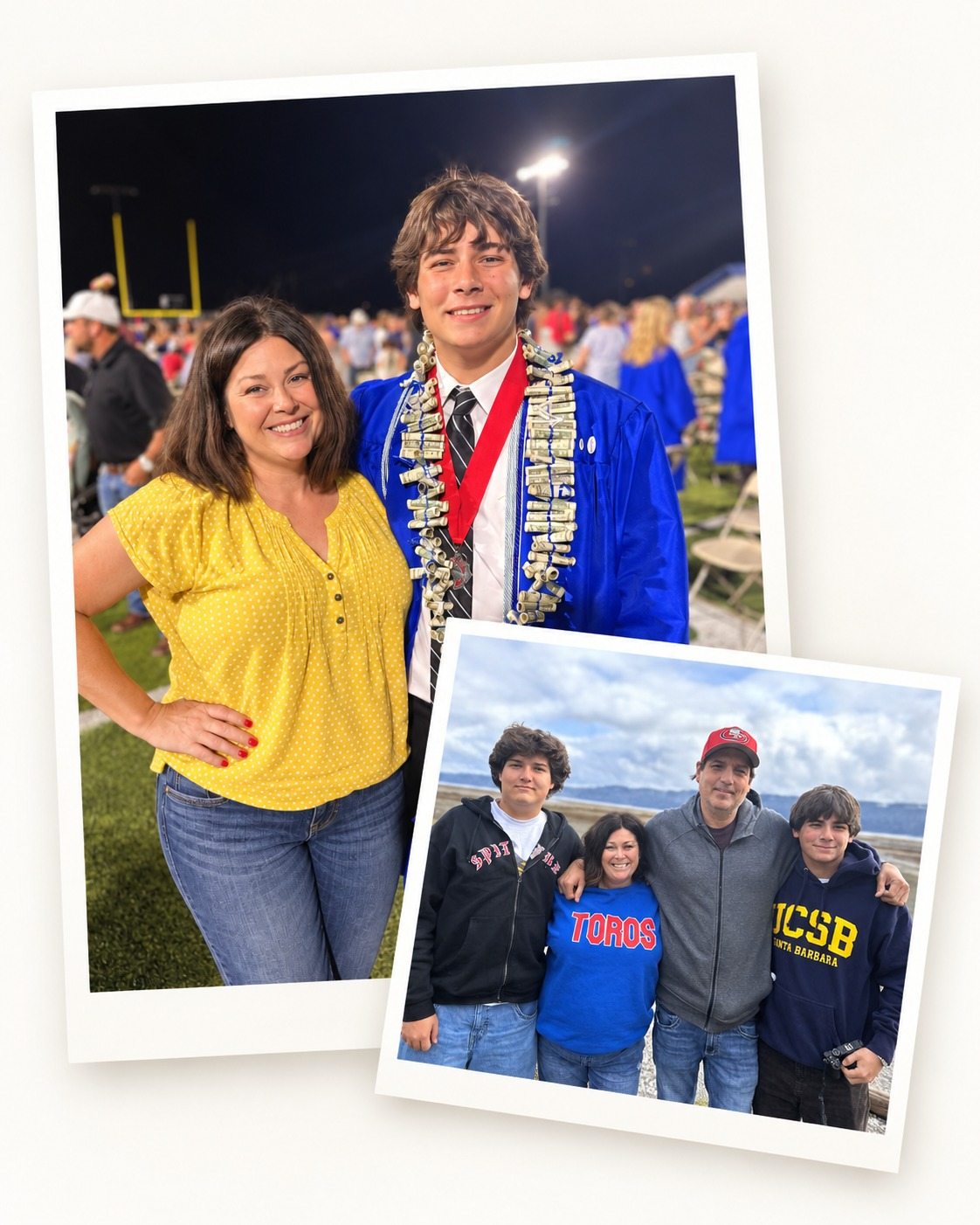 Two snapshots: Stacey with her son at his graduation, and Stacey with her husband and two sons by the water